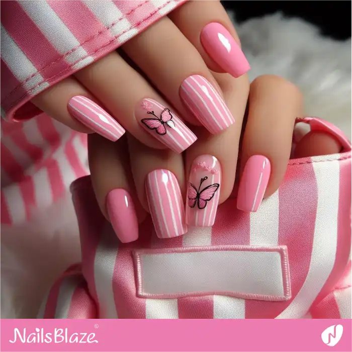 Victoria's Secret Striped Pink Nails with Butterflies | Branded Nails - NB4274